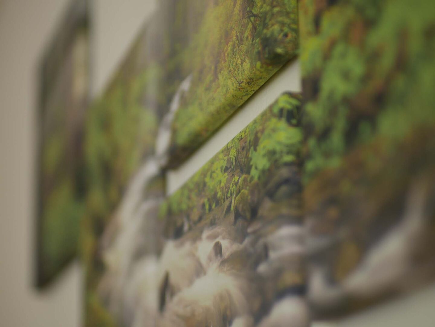 Wandbilder von einem Waldboden mit wilden Bach und Moosboden. Fotografiert in einem schiefen Winkel